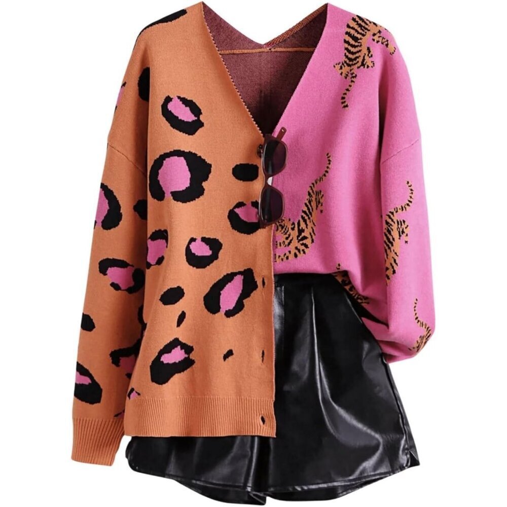 Women's Animal Print Cardigan V Neck Button Down Leopard Sweater Coat